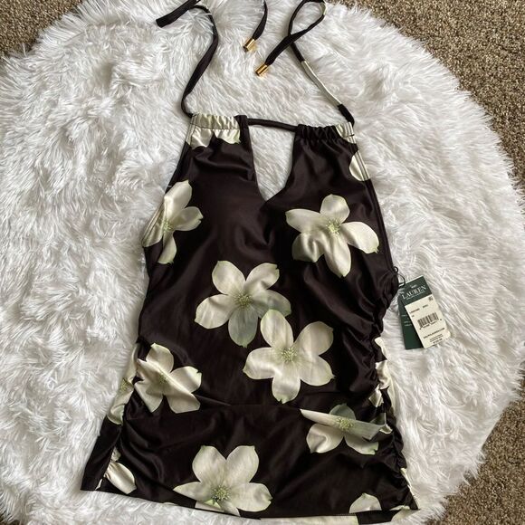 Lauren Ralph Lauren Swimsuit Tankini Top New Ruched Sides Floral Womens Size 10 - Picture 1 of 12